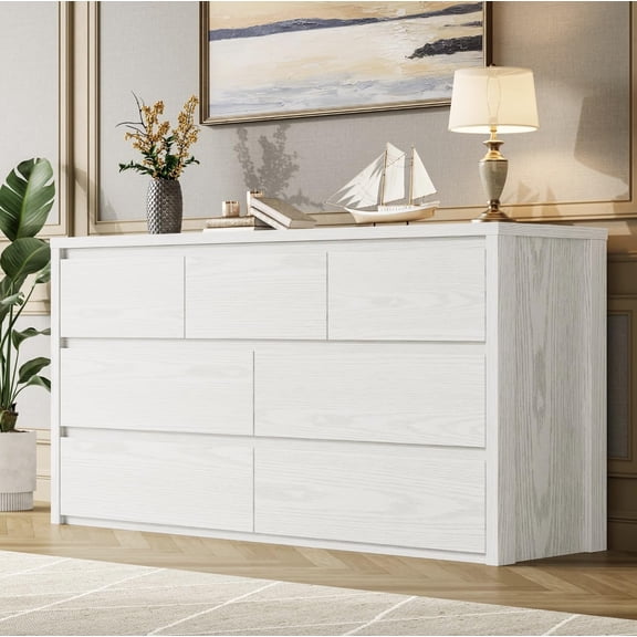 Wooden Dresser for Bedroom, Wide Chest of Drawers with 7 Drawers, Large Storage Tower Unit, Modern Minimalist Closet Store Organizer for Living Room, Hallway