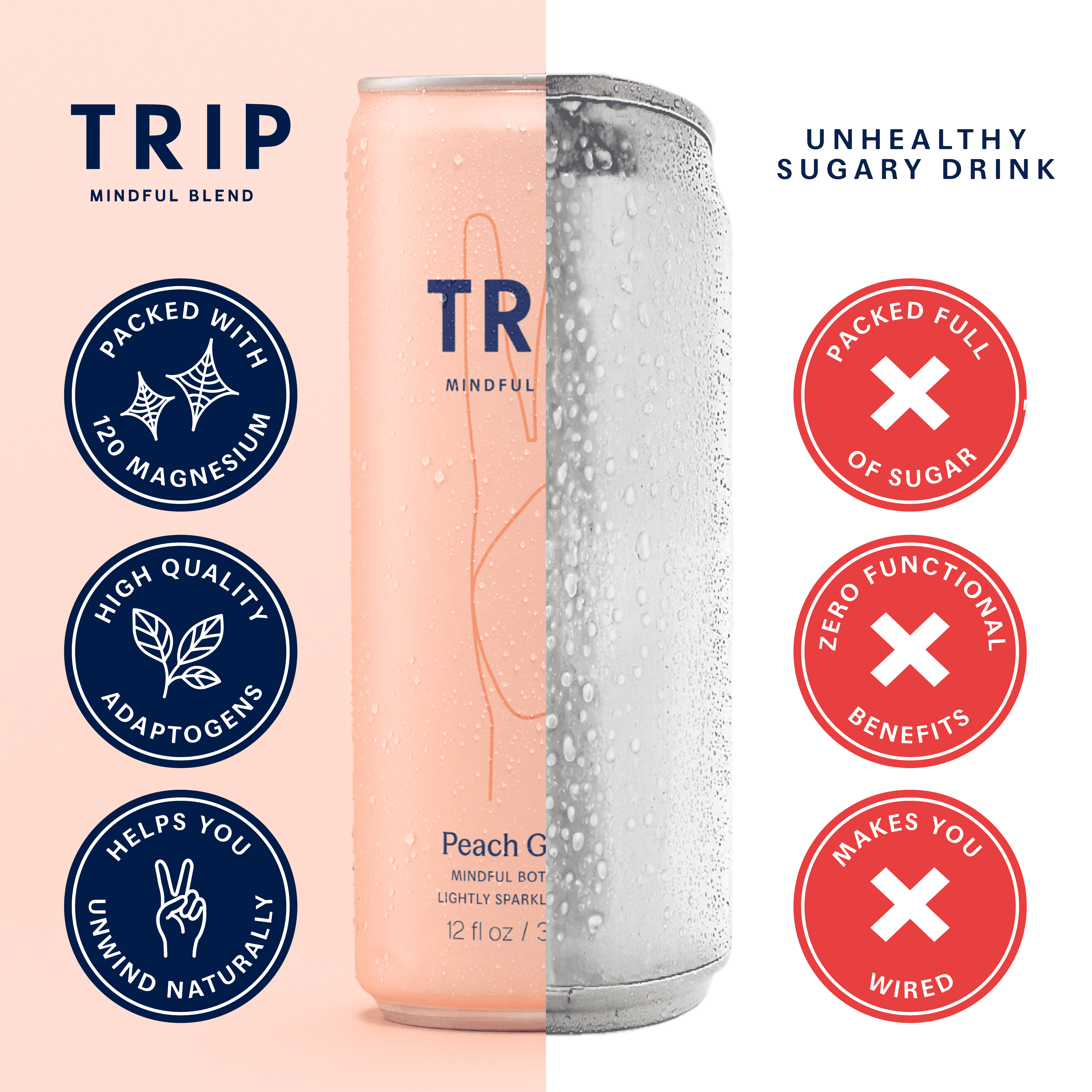 TRIP Sparkling Magnesium Drink, Peach Ginger Flavor, 12 oz, 12 Pack, Adaptogen Drink With Ashwagandha and Lions Mane