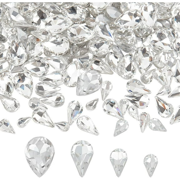 220 pcs Mini Teardrop Glass Rhinestones 4Sizes Faceted Pointed Back Rhinestone No Hole Clear Glass Rhinestones Small Gems Jewelry Embellishments with Silver Plated Back for DIY Glass Rhinestone