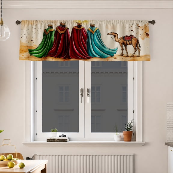 AshasdS Nativity Christmas Window Valance, Three Wise Men and Camel Pattern Short Curtain for Living Room Bedroom Kitchen Holiday Seasonal Home Decor