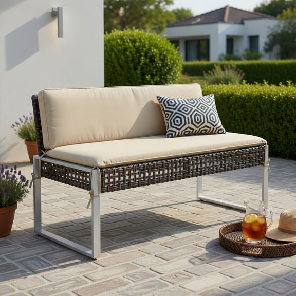 Hommoo 43" Patio Ottoman with Woven PE Rattan Seat, Metal Frame & Removable Cushion, Outdoor Footrest, Loveseat Bench or Coffee Table for Backyard, Poolside & Porch, Natural