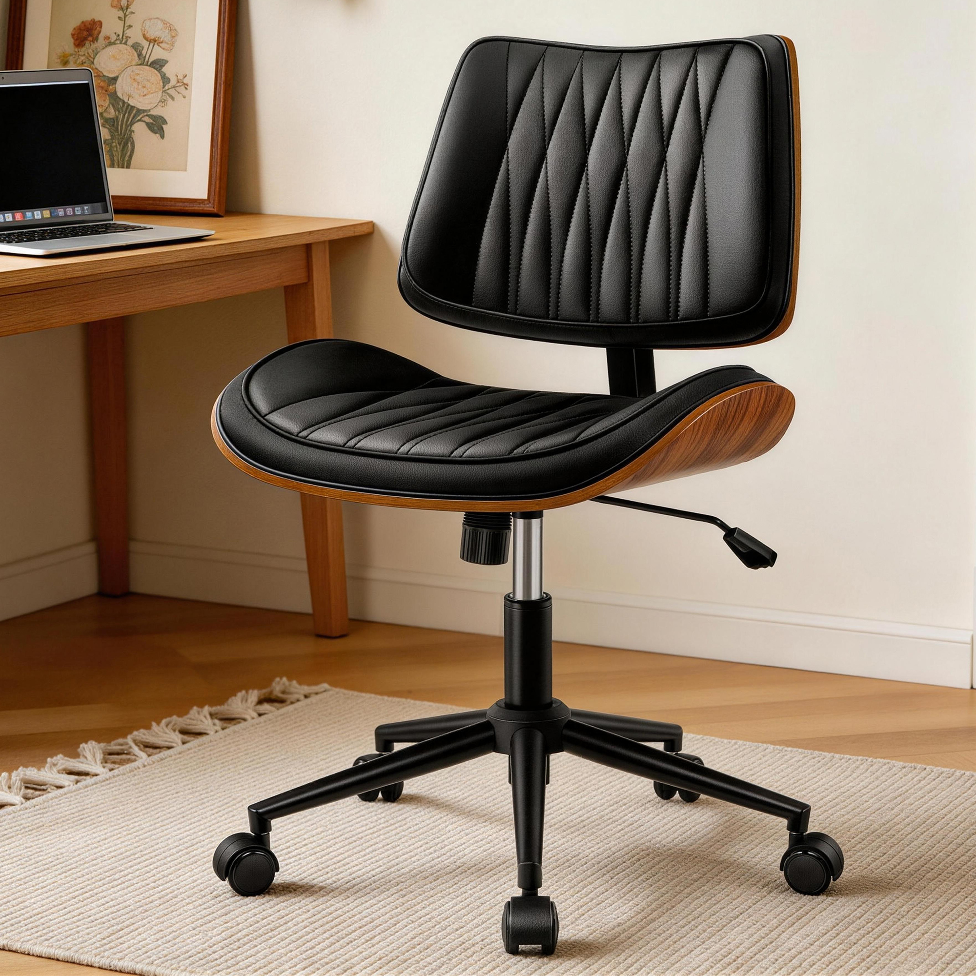 FASTES Armless Office Chair, Ergonomic Desk Chair Mid-Century Modern Home Vanity Chair Faux Leather Accent Computer Chairs Adjustable Height Swivel, Black