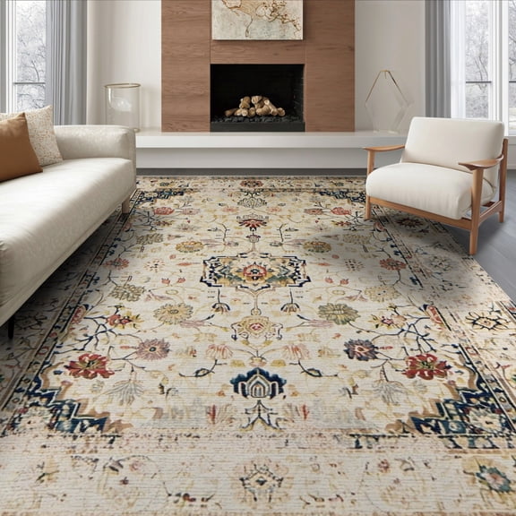ODIKA 6'x9' Washable Area Rug Non-Slip, Easy Care, Beige Grey Vintage Distressed Motif Traditional Border Neutral for Family Room, Living Room, Master Bedroom