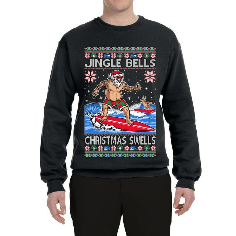 Wild Bobby Santa Surfing Jingle Bells Christmas Swells Ugly Christmas Sweater Unisex Crewneck Graphic Sweatshirt Black Large Walmart