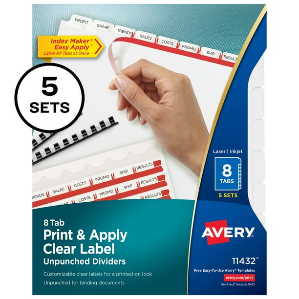 Avery 8 Tab Unpunched Dividers for Use with Any Binding System, Easy Print & Apply Clear Label Strip, Index Maker Customizable White Tabs, 5 Sets ...