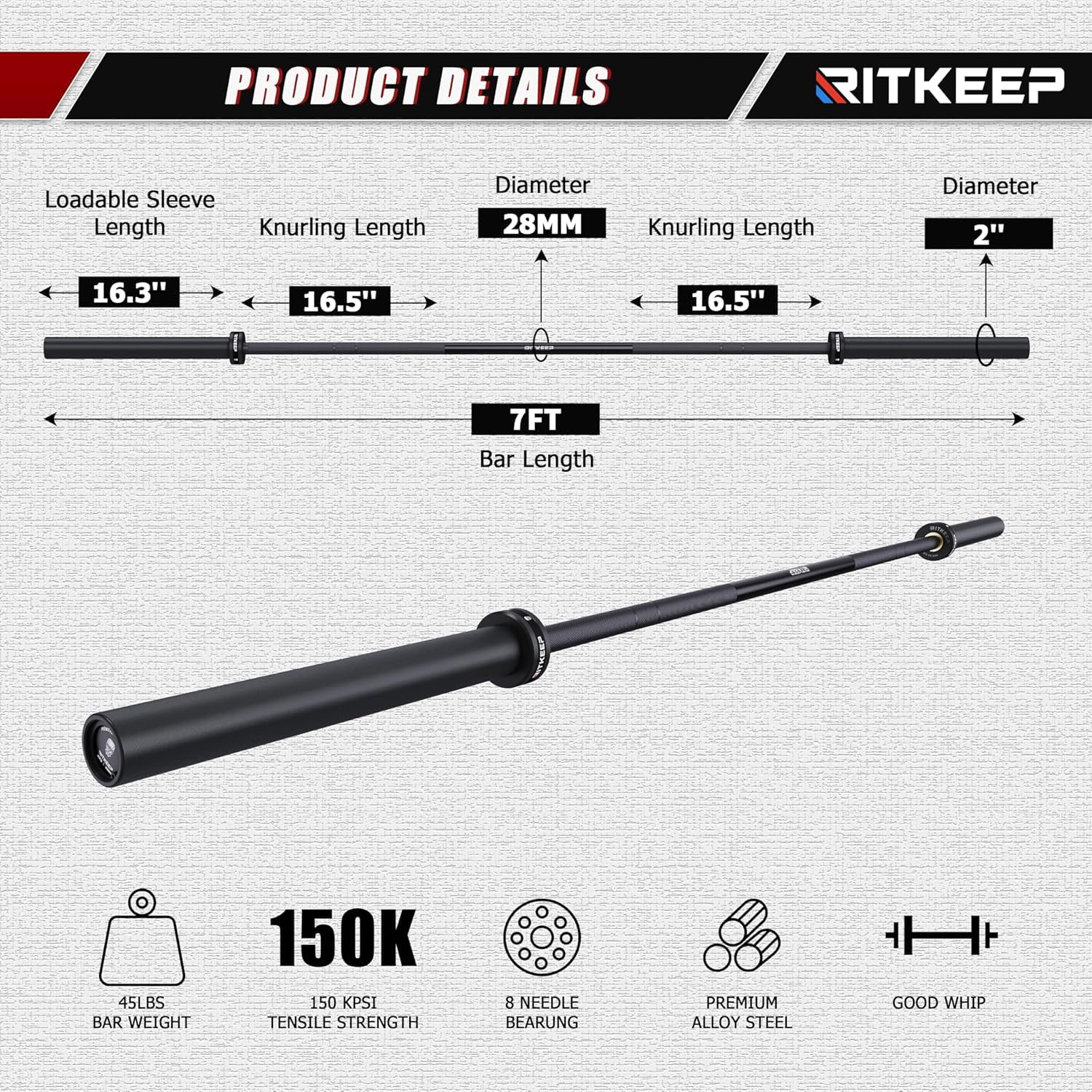 RitKeep Fitness 7ft Olympic Barbell Weight Bar, 700 LBS Max Capacity for Weightlifting