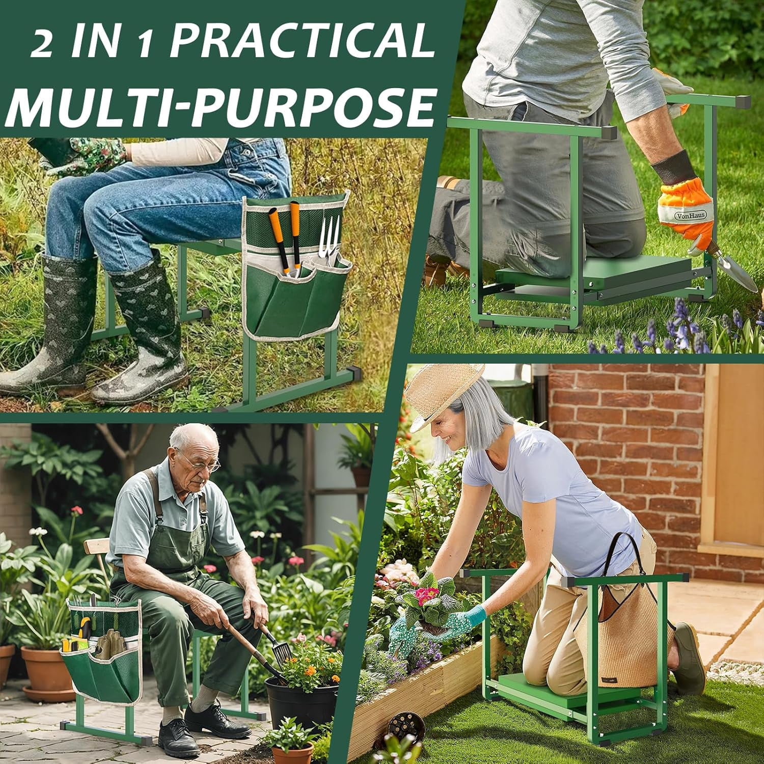Garden KneelersSeat, Stable and Save Anti-Tipping Design 10.2" Wider Garden Kneeler and Seat with Handle, Heavy Duty Gardening Stool for Seniors, Gardening Weeding Bench for Gardeners Parents - Green