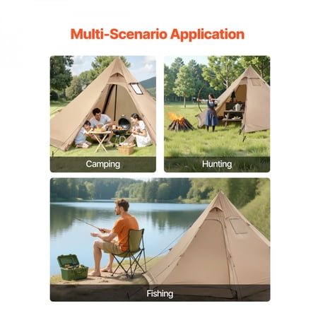 Brown Aluminium 4 Person Hot Tent Portable Winter Tipi Tent with Stove Jack 4 Season Waterproof Canvas Camping Tent M Size