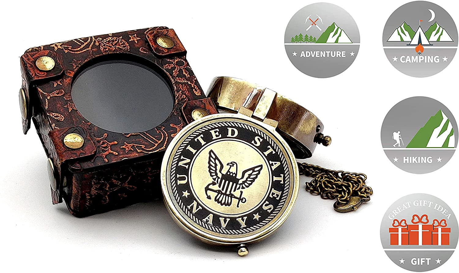 5MOONSUN5's US Navy Engraved Brass Military Compass Nautical Marine Gift A Perfect and Unique Gift for Army Person Survival Navigation Compass for Hiking Camping Hunting with Leather Display Case