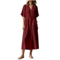 thumbnail image 6 of Bxsruta Women's Wrap V Neck Midi Dress Button Front Short Sleeve Loose Fit Casual Faux Linen Summer Dress Breathable Lightweight Versatile Everyday Flattering, 6 of 8