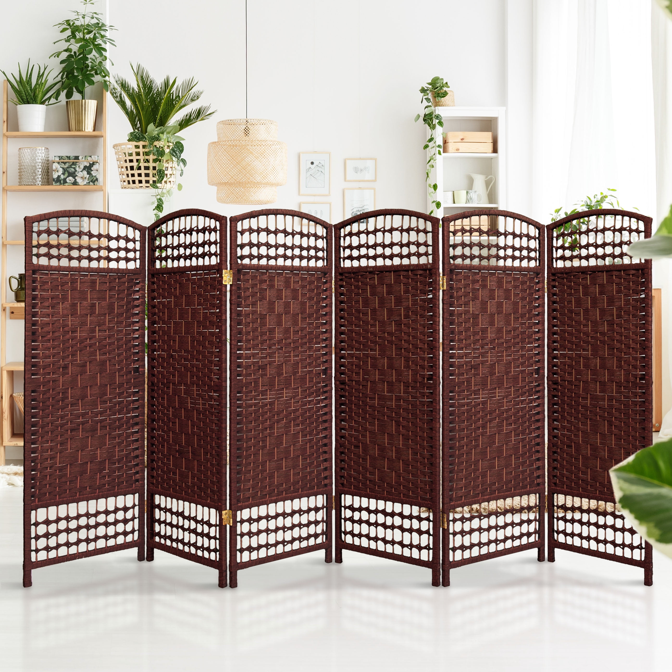 Red Lantern 4 ft Short Fiber Weave Folding Room Divider Screen with Dark Red 6 Panels