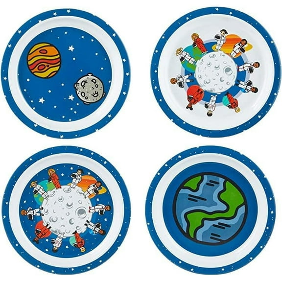 4 Piece Kid Space Themed Plate Set, 4 Plates With Different Designs, Lightweight & Shatterproof Toddler Feeding Set, Children Safe Kitchen Set, Fun Mealtime, LIttle Kid Dinner Plates