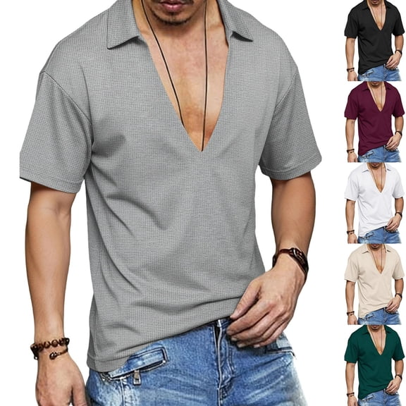 Miluxas Men's Open Collar Deep V-Neck Casual Shirt - Textured Short Sleeve Top, Breathable Lightweight Tee for Summer Daily Wear, Weekend Outings & Casual Occasions White XL(XL)