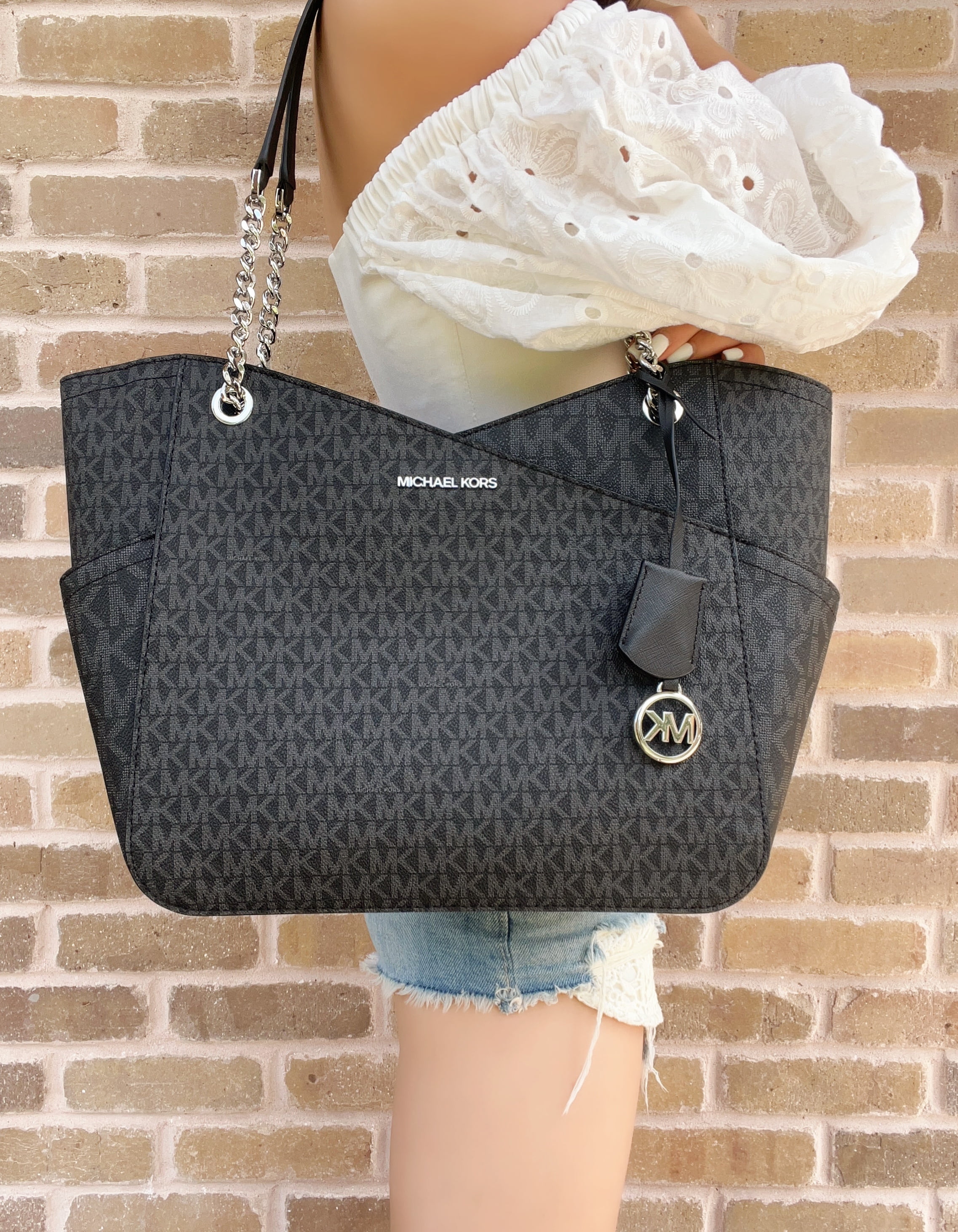 Michael Jet Set Travel Large Chain Female Shoulder Tote Handbag Black MK Signature Walmart.com