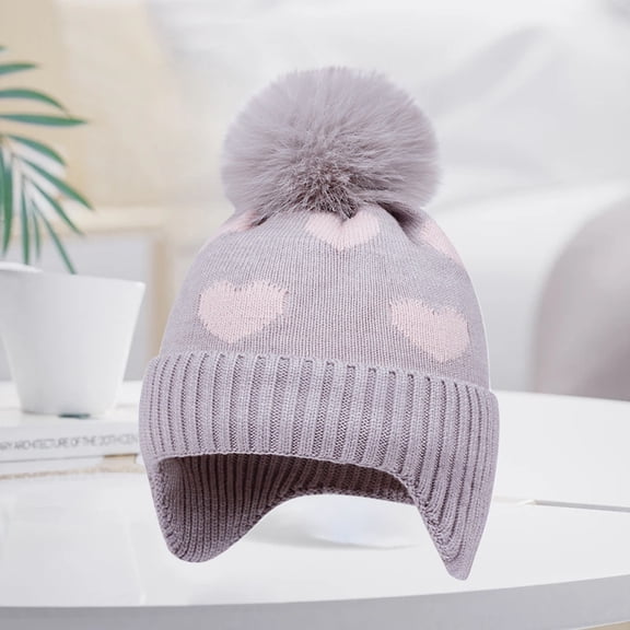 CPNG Knitted Baby Hat Winter Warm Boys Girls Colorful Pattern Pom Pom Ski Cap Beanie with Ear Flaps Fleece Lining Toddler Kids Hats with Pompom