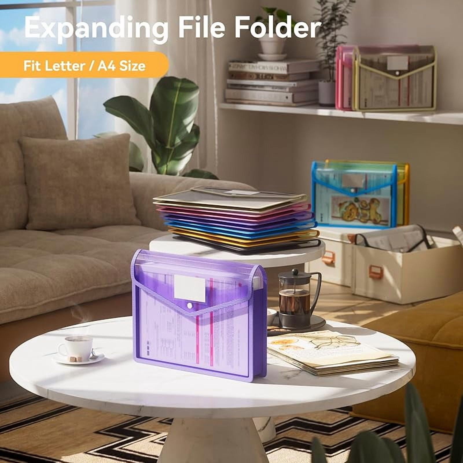 ABC life 6 Pack Plastic Expanding File Folder, Folders for Documents with Snap Closure, Colorful File Folder Organizer Holder, Transparent Accordion File Pouch,Large Capacity, Fit Letter/A4 Size