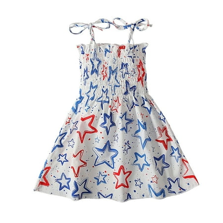 

FAFWYP Kids Baby Girls Summer Dress 4th of July Toddler Mini Beach Tutu Casual Cold Shoulder Sleeveless Straps Tie Pleated American Flag Printed Princess Sun Dress