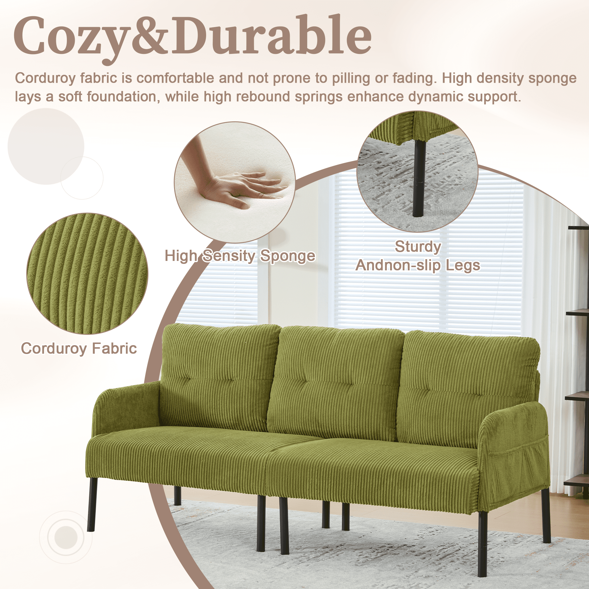 Loveseat, Small Sofa, Couch, Oversized Corduroy 2-Seater Sofa with Side Storage Pockets and Sturdy Metal Legs for Apartment, Dorm or Living Room, Olive Green