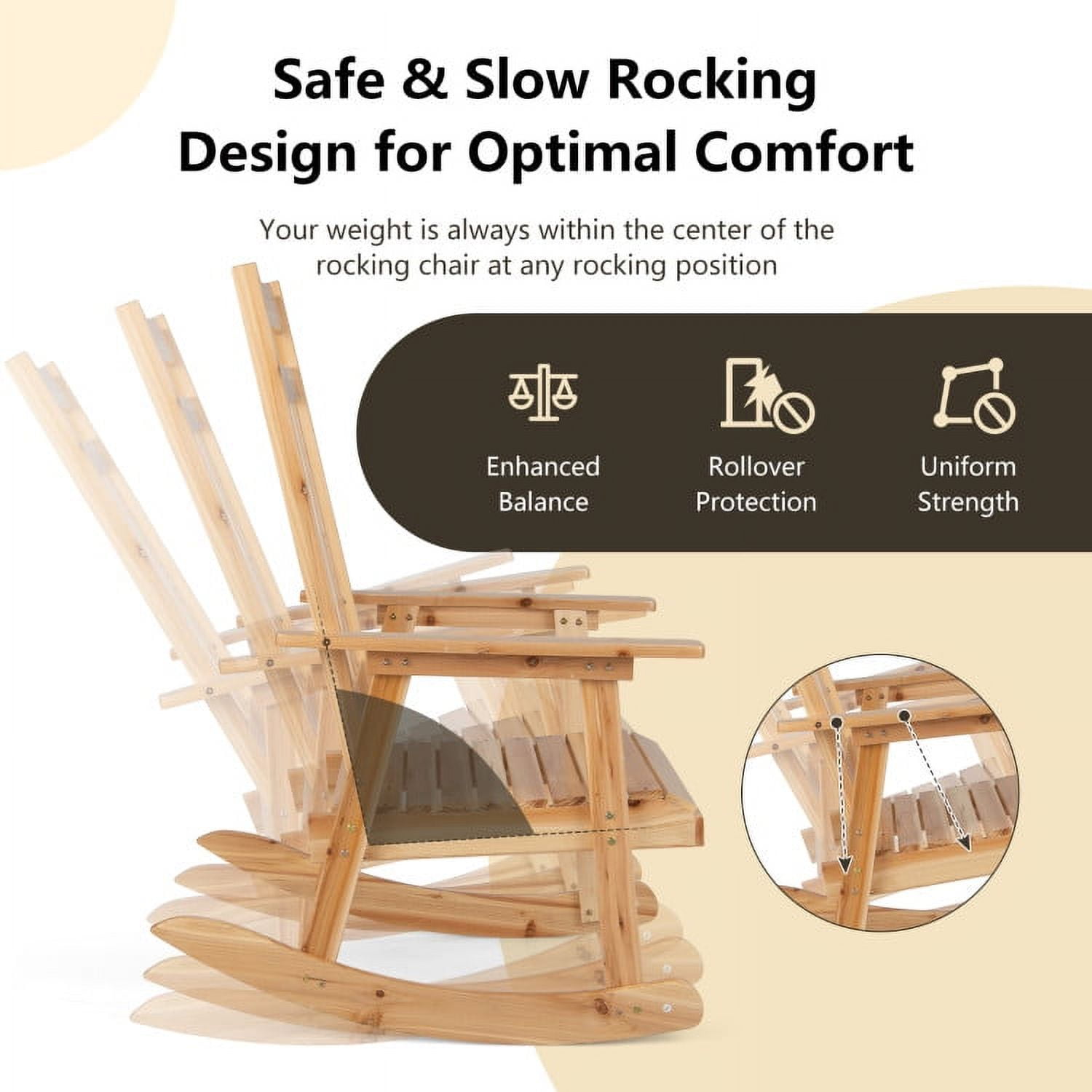 Aimee Lii Outdoor Rocking Chair with folding Table, Patio Wooden Rocker Chair for Lawn, Porch, Backyard, Indoor and Garden, Natural