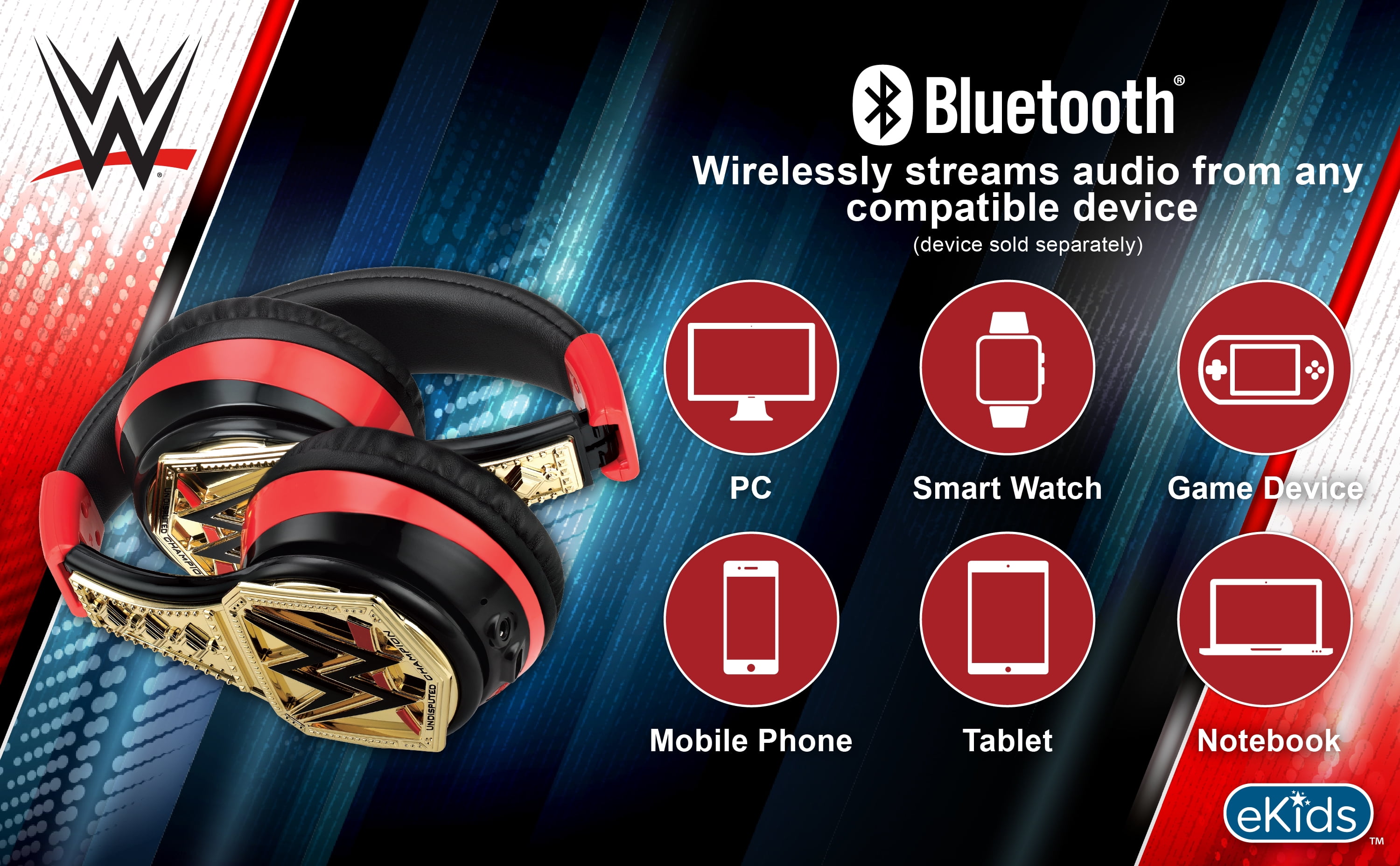 eKids WWE Bluetooth Headphones, Wireless with Microphone Includes Aux Cord