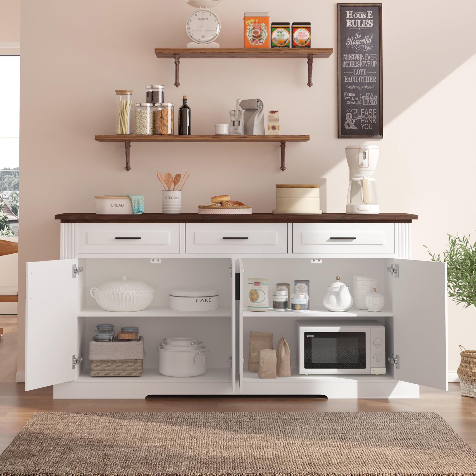 Mintazer 63" Fluted Sideboard Buffet Cabinet with Storage, Kitchen Storage Console Table with 4 Doors and 3 Drawers, Modern Coffee Bar Station for Entryway Kitchen Living Room Dining Room, White