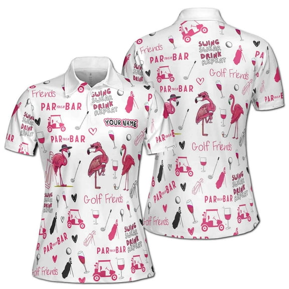 Custom Name Funny Flamingo Plays Golf Par Then Bar Women's Polo S-5XL