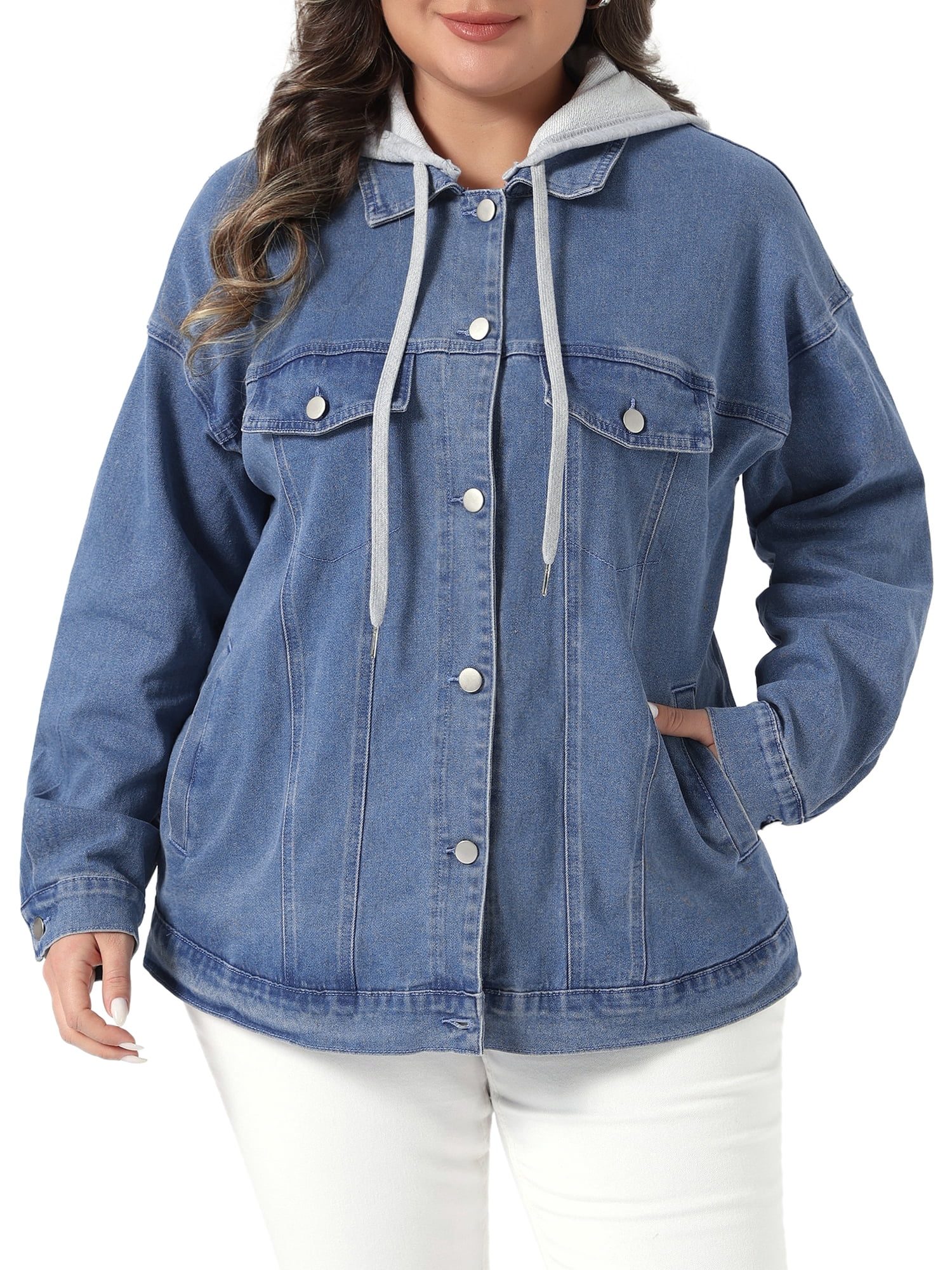 DARING DIVA Women's Plus Size Drawstring Detachable Hoodie Denim Jacket 4X Light Blue