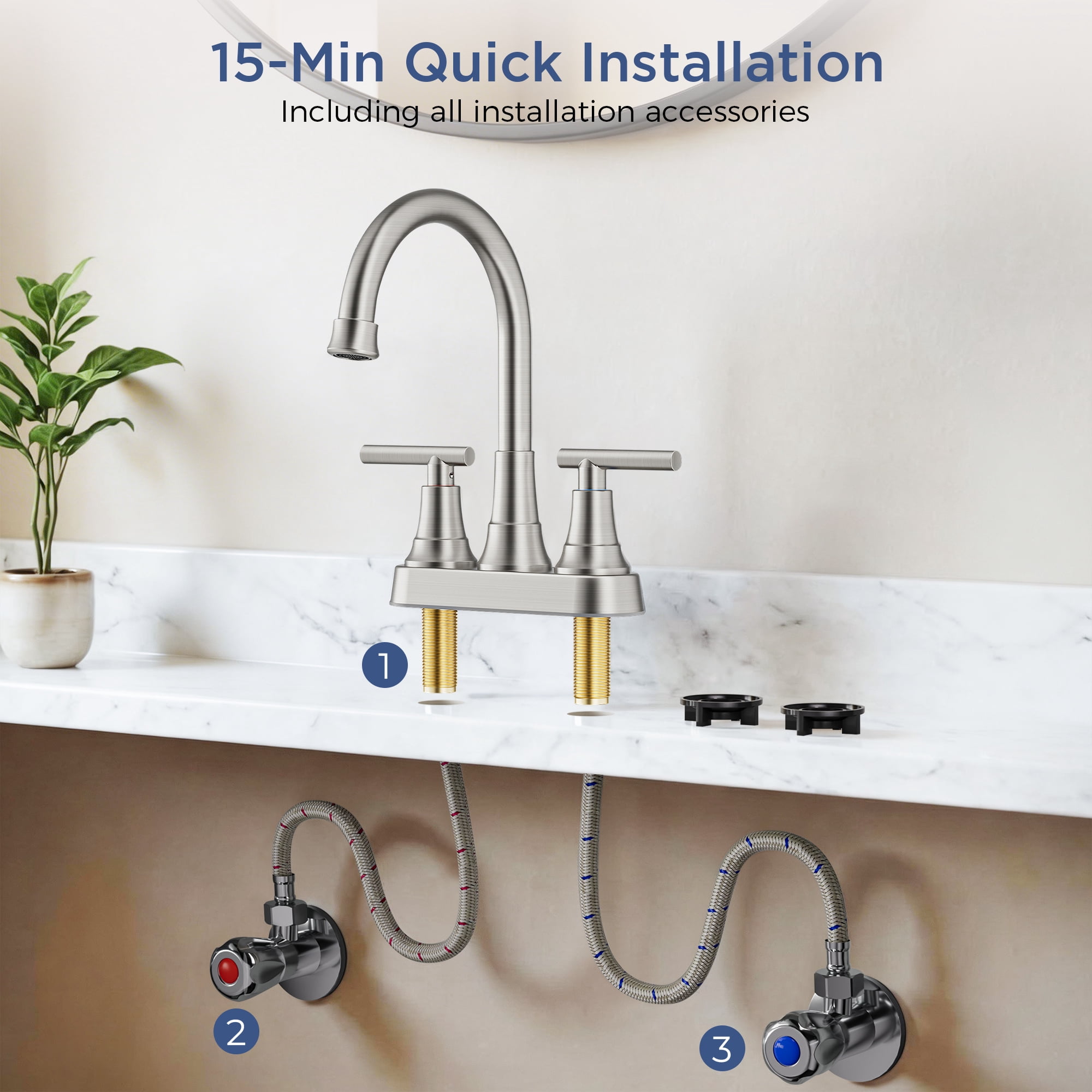 TVOFEK 4 Inch Centerset Bathroom Faucet 2/3 Hole 2-Handle Brushed Nickel Vanity Faucet with Pop Up Drain and cUPC Water Hose, 360°Rotating Spout Water Saving Ceramic Valve for Bathroom RV Camper Bar