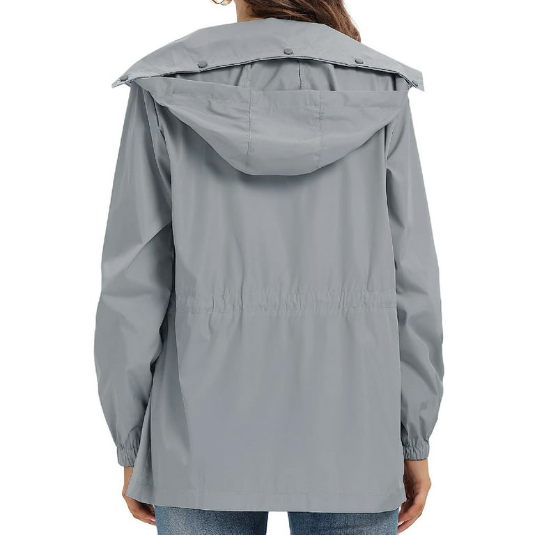 Women's Lightweight Waterproof Jackets Solid Color Long Sleeve Hooded Lapel  Drawstring Zipper Casual Sport Coat(Gray,S) 