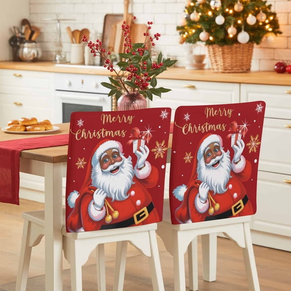 Black Santa Claus Merry Christmas Chair Covers Set of 8 Xmas Snowflake Red Chair Back Covers Stretch Removable Washable Slipcovers Protector for Dining Room Kitchen Party Decor