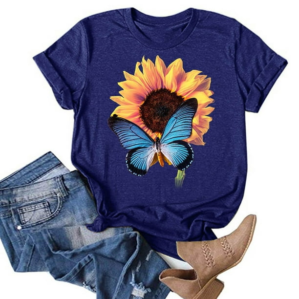 T Shirts for Women Casual Tops Sunflower Butterfly Print Round Neck ...