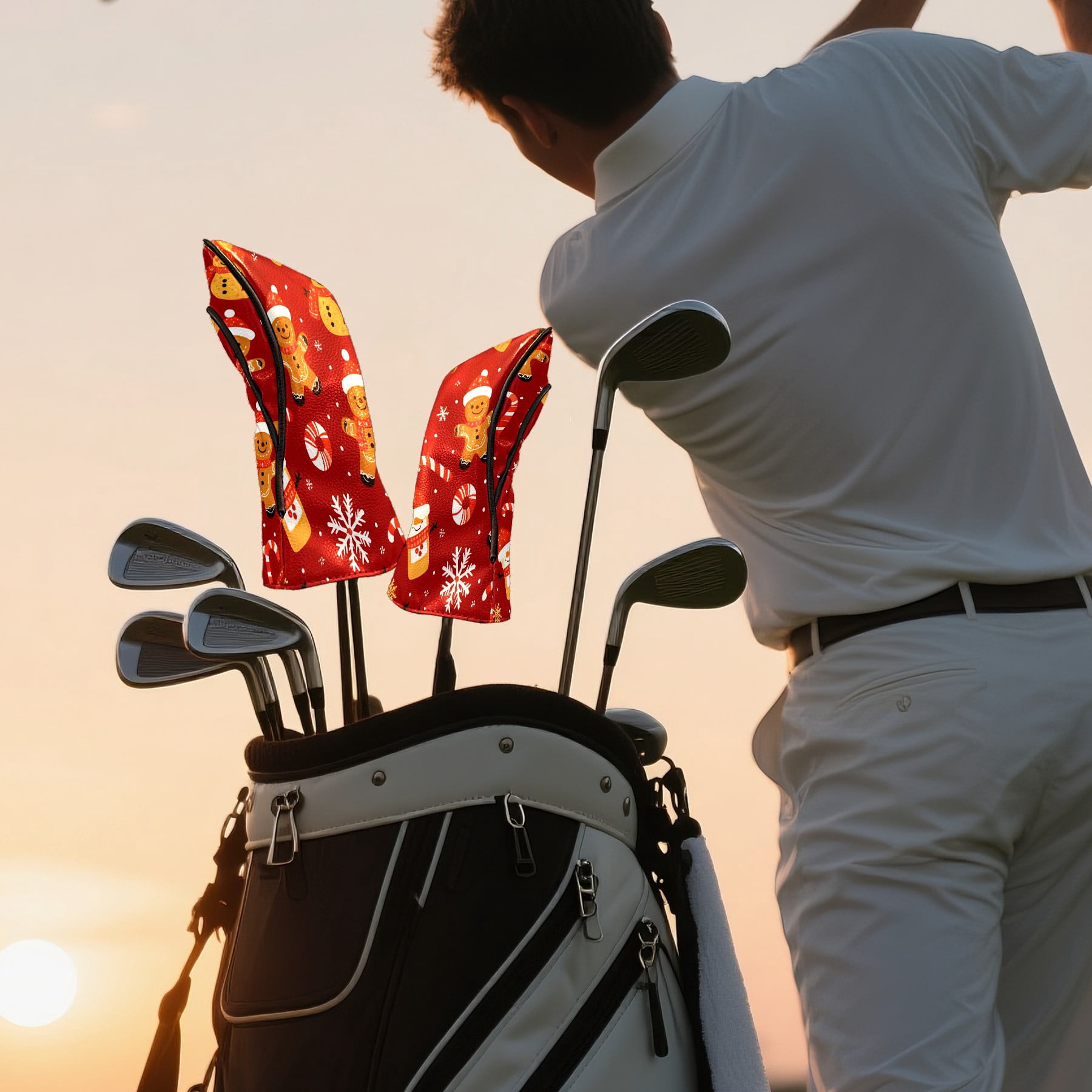 Golf Club Covers, Red Xmas Gingerbread Premium PU Leather Driver Hybrid Putter Head Covers with Velvet Lining, Waterproof Golf Gifts for Men Women