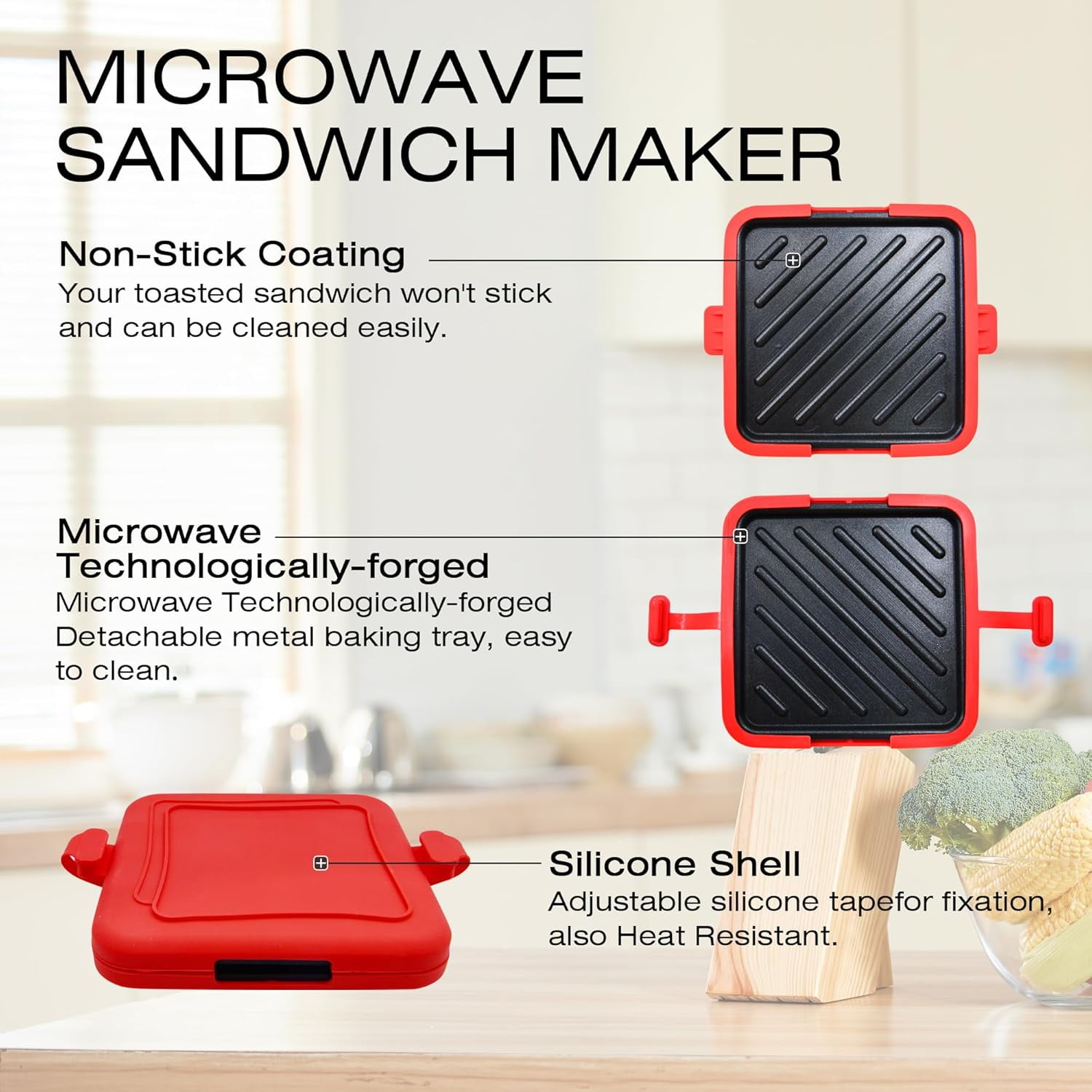 Microwave Sandwich Press Maker, Quick 2-Min Toastie, Panini, & Grilled Cheese Maker, No Power Cords, Wireless, Dishwasher Safe & Easy Clean, Red