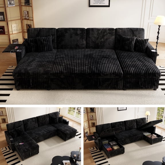 Sleeper Sectional Sofa, Modern 110" U Shaped Couch with Pull Out Bed, Convertible Corduroy Cloud Sofa with Double Storage Chaise, USB, Small Desktop, Comfy Modular Couch for Living Room, Black
