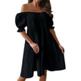 thumbnail image 3 of B91xZ Robes Printemps Été Femmes Grande Taille Col Montant Manches Courtes Taille Haute Robe Décontractée à Volants, Noir TG, 3 of 5