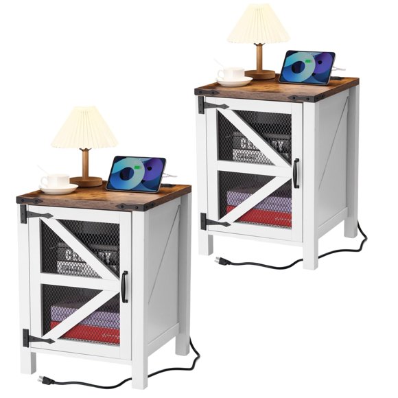 Yeshouse juego de 2 mesitas de noche con estación de carga, puerta corrediza estilo granero, 2 tomas y 2 USB, rústicas, blancas y marrón, para dormitorio o sala