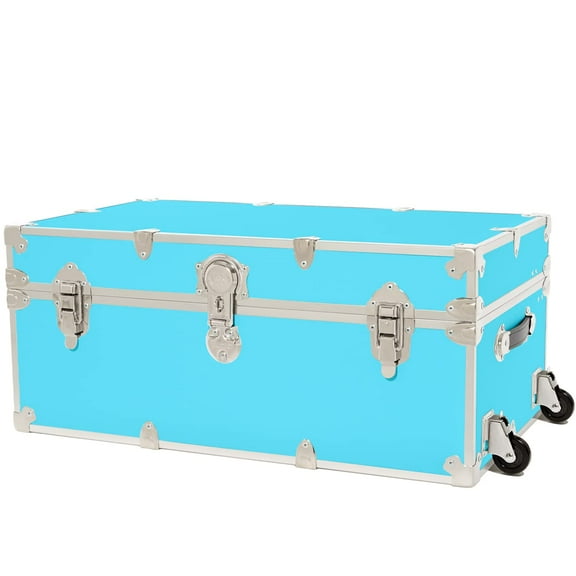 Rhino Trunk & Case Large Leather Embossed Vinyl Trunk With Removable Wheels, Summer Camp Footlocker, College Dorm Storage Chest, Sportsman Trunks - Seats 1000 lbs. On Top 32"x18"x14" (Sky Blue)