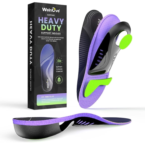 Welnove Heavy Duty Work Boot Insoles, 220 LBS High Arch Support for Plantar Fasciitis & Flat Feet, Anti-Fatigue Orthotic Inserts (S, Men Women)