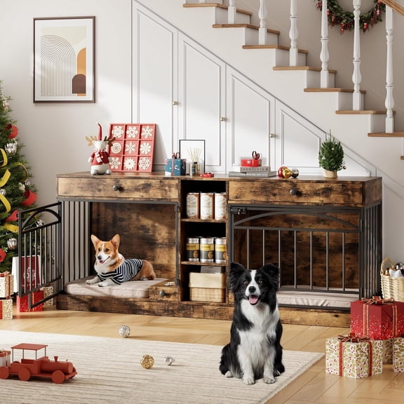 Brown 79 Inch Multi-drawer Double Indoor Dog Crate Furniture