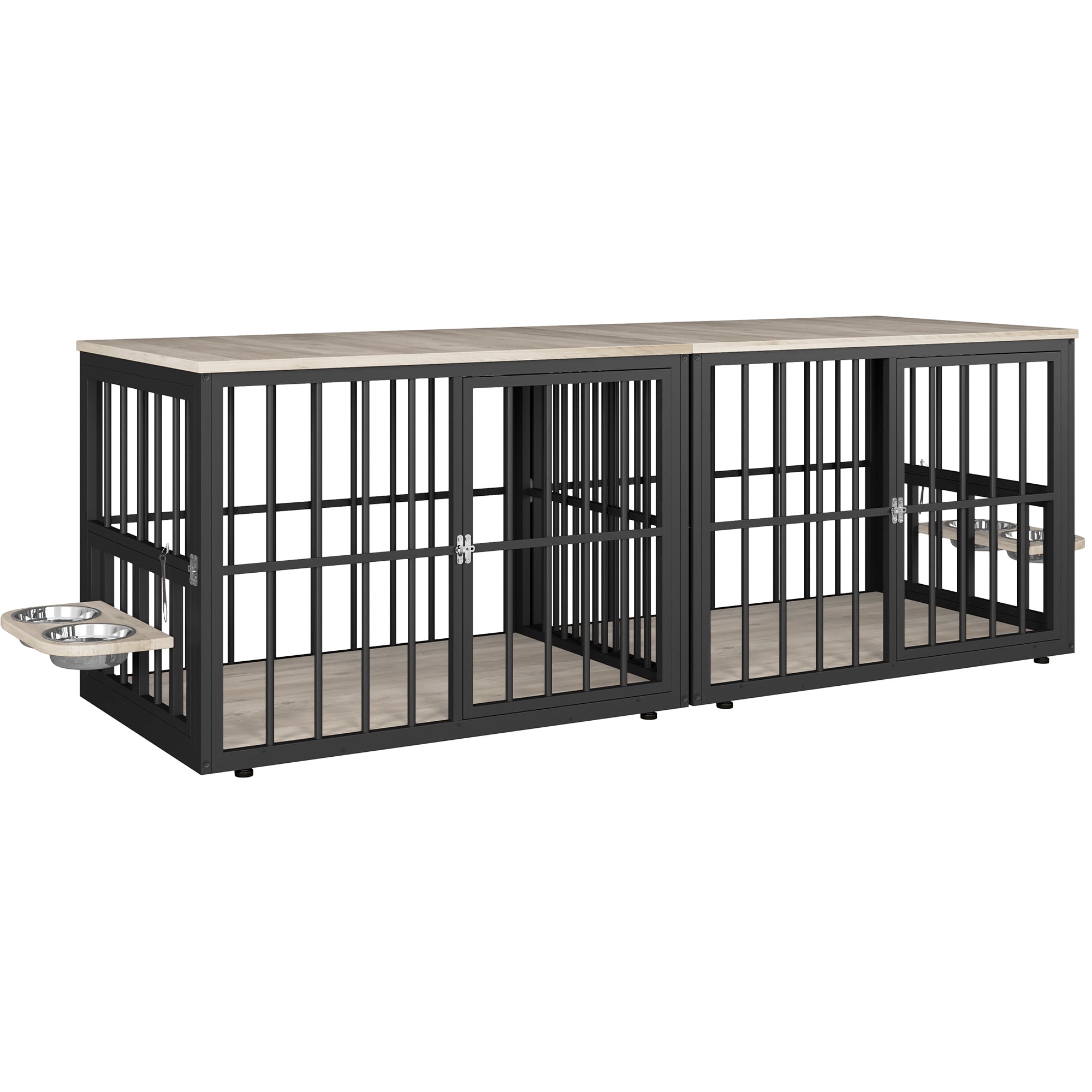 Uforic 88.6" Large Wooden Dog Crate Furniture with 3 Doors & 2 Rotatable Bowls, L-Shaped Adjustable Pet Cage TV Stand with Removable Partition for Medium Large Dogs, Gray