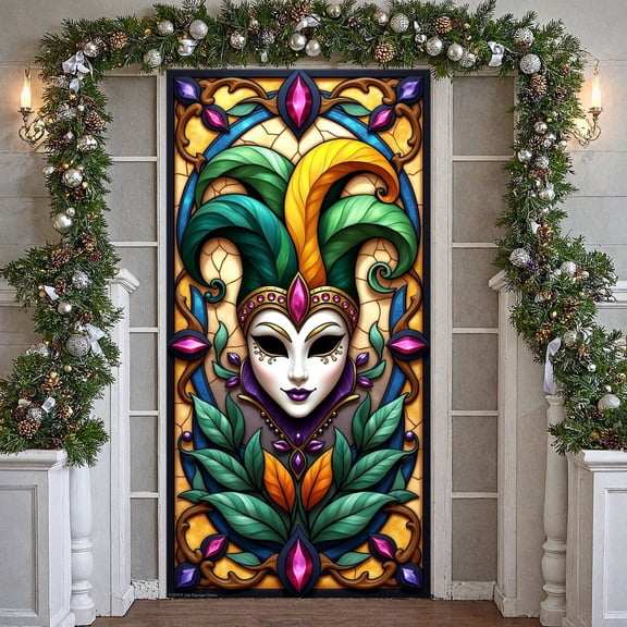 Stained Glass Masquerade Banner Joker Mask Carnival Display Feather Decor Jewel Embellished Venetian Backdrop for Carnival Party Masquerade Ball Venetian Festival