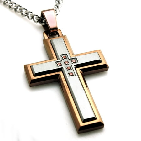 Two-Tone Stainless Steel Layered Cubic Zirconia Cross Pendant