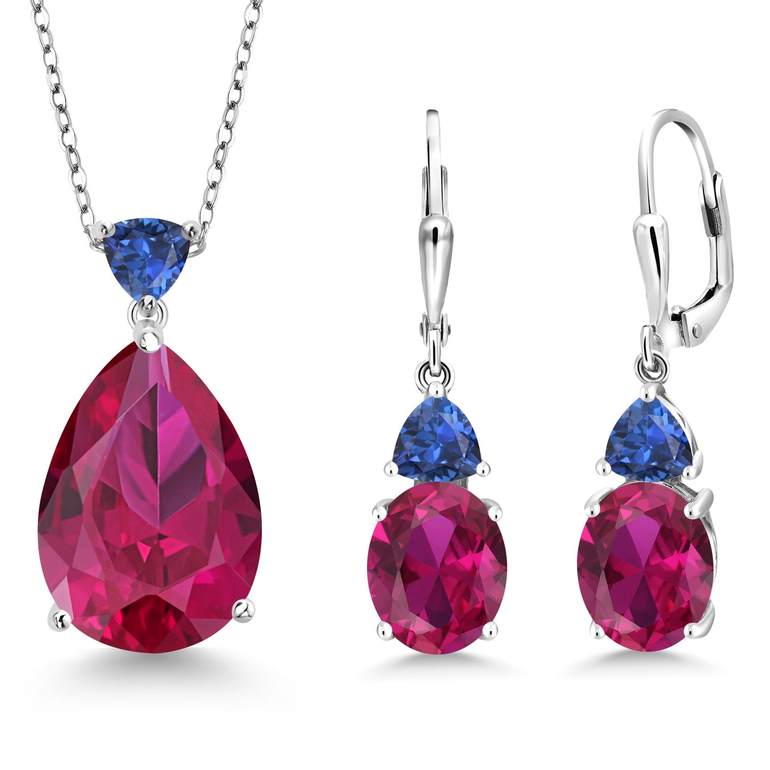 Gem Stone King 925 Sterling Silver Red Created Ruby and Blue Created Sapphire Pendant Earrings Jewelry Set for Women (20.62 Cttw, Pear Shape 18X13MM, with 18 inch Chain)