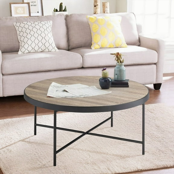 Weathered Grey Oak and Black Metal Trim Coffee Table with Round Top
