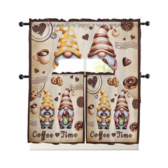 Farmhouse Coffee Time Swag Kitchen Curtains Sets for Windows 24 Inch Length, Vintage Gnomes Desserts Burnt Brown Short Window Curtain Panels Swags Valances and Tiers 3 Piece Set for Cafe/Dining Room