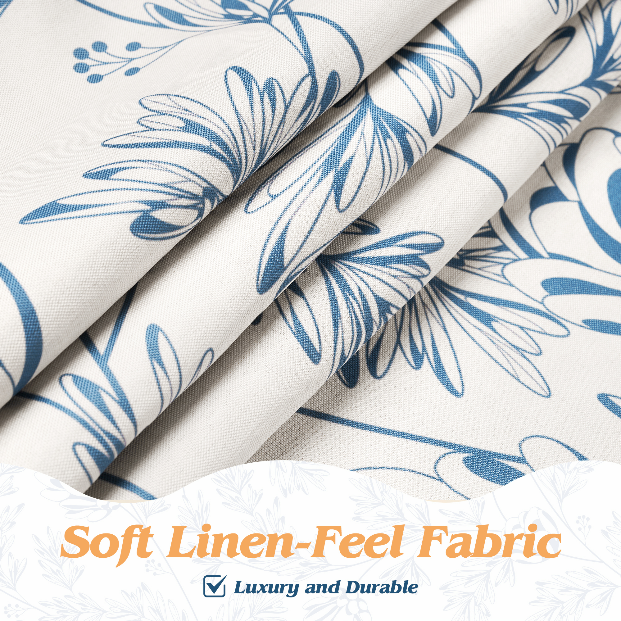 Inosoo Elegant Blue Floral Print Linen - Look Shower Curtain, Thick & Soft Faux Linen Cloth Bathroom Curtain, 72" W x 72" L