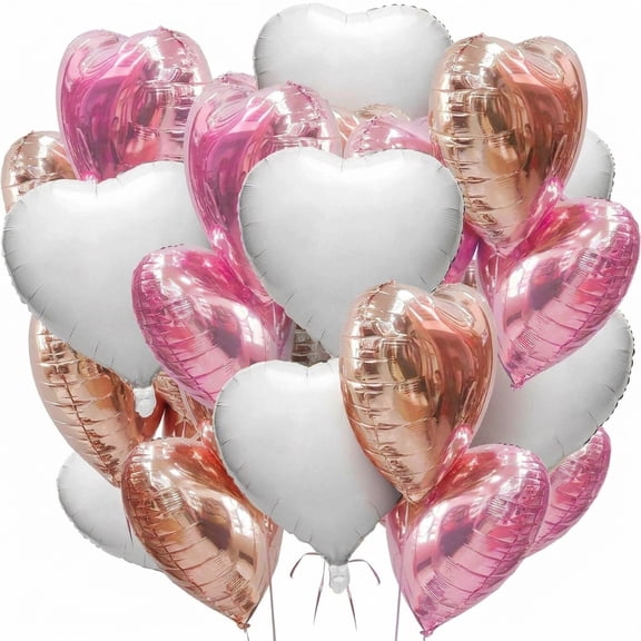 15 PCS Heart Foil Balloons - Pink Rose Gold White Mylar Balloons for Valentine's Day, Mother's Day, and Baby Shower