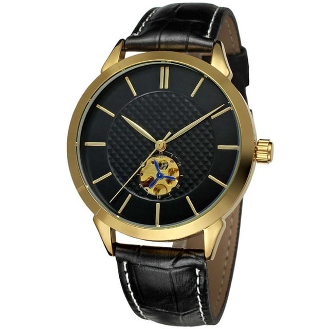 Reloj de pulsera automático Nikou FORSINING correa de Cuero PU negro dorado