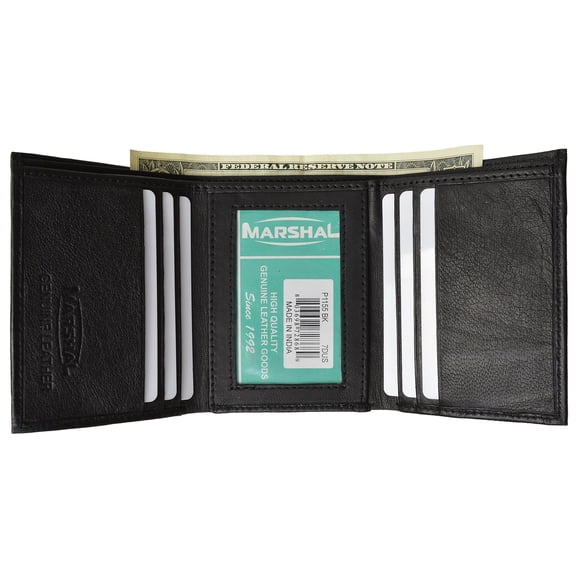 Leather Men Trifold Wallet with 6 credit card slots and center internal window ID Black by Marshal