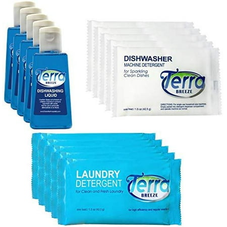 Terra Breeze | 1-Shoppe All-In-Kit | Tiny Dish Soap | Dishwasher Detergent | Individually Wrapped Laundry Detergents | AirBnB/Vacation Rental Soap Set | (90